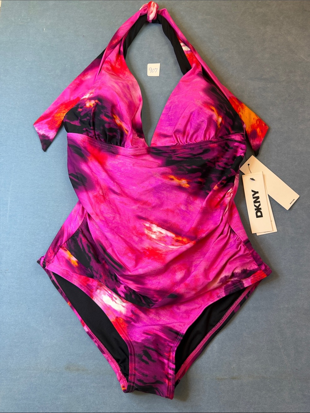 DKNY Hot Pink & Black Halter One-Piece Swimsuit with Orange Accents NWT